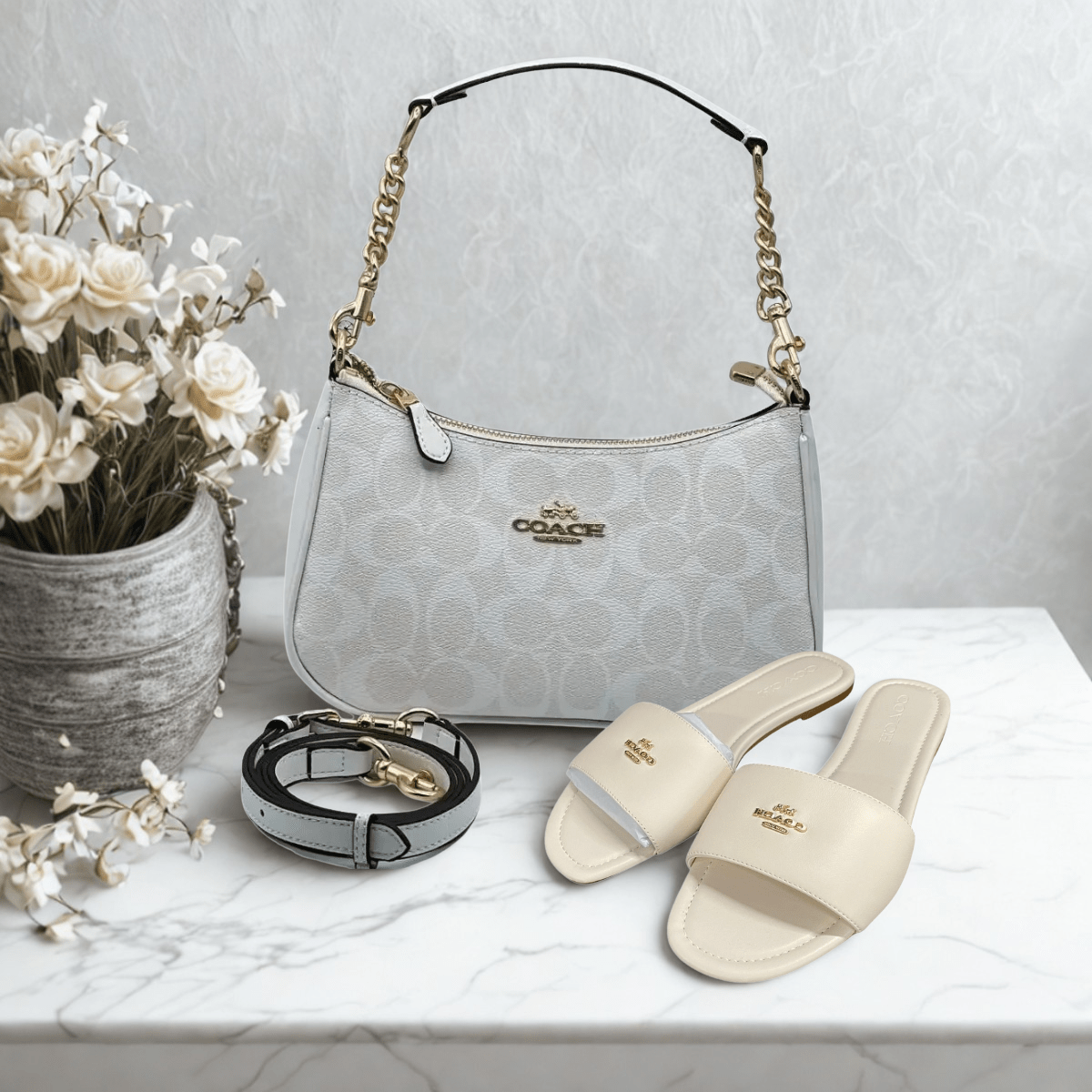 Set Coach – Lockup Leather Slide Sandal & Teri Signature Canvas Bag