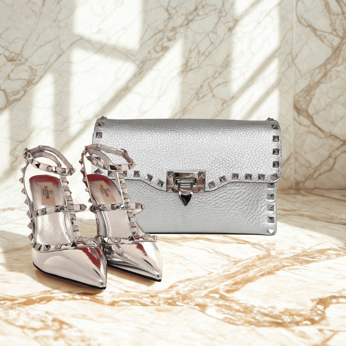 Valentino Rockstud Silver Bag & Pumps Set