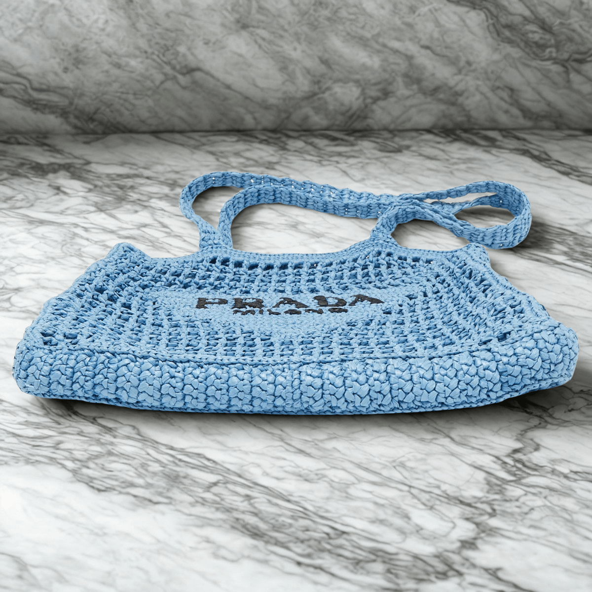 Prada Shopper Bag in Raffia with Woven Logo – Blue