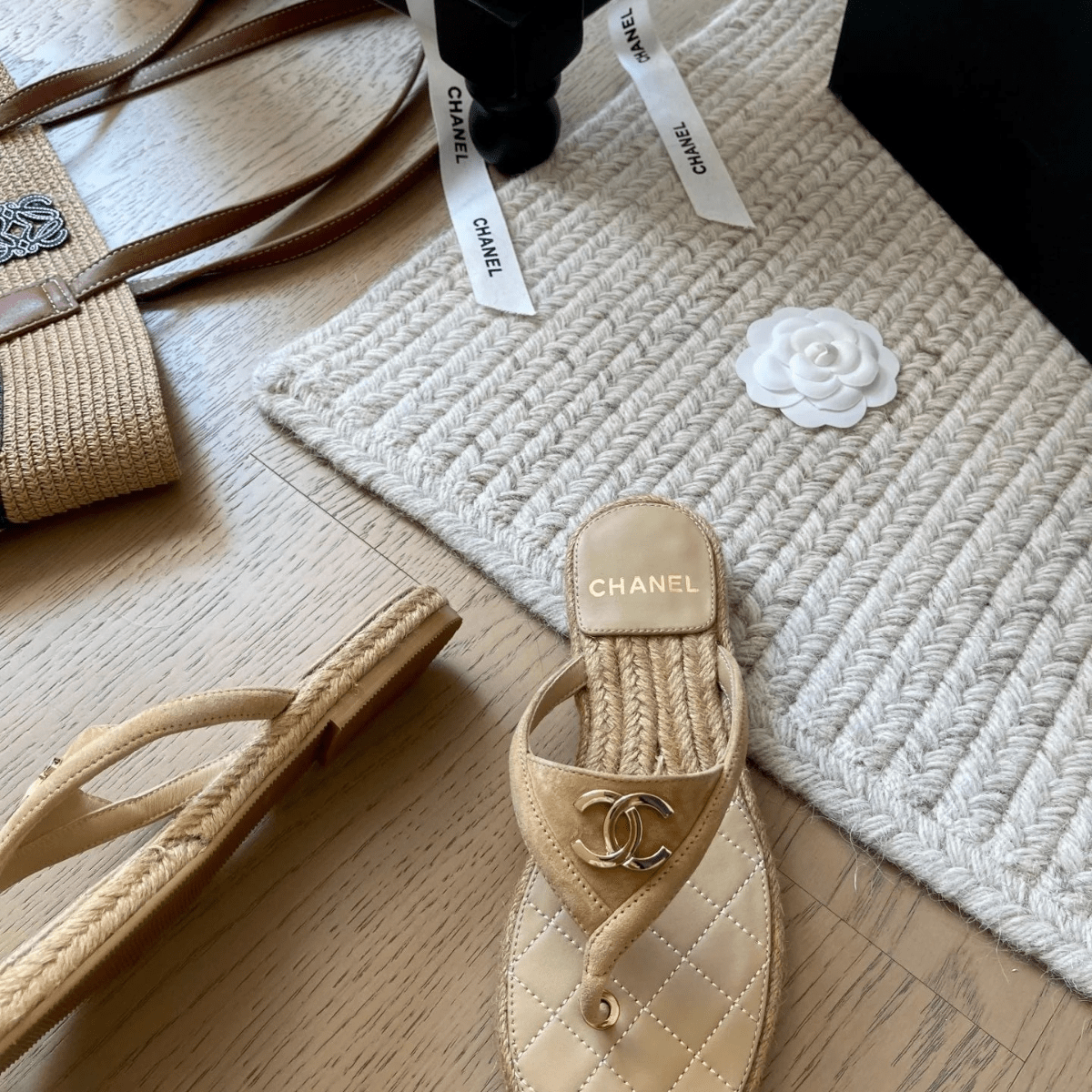 Chanel 25 Flip Flop Sandals Beige Suede Calfskin Espadrille