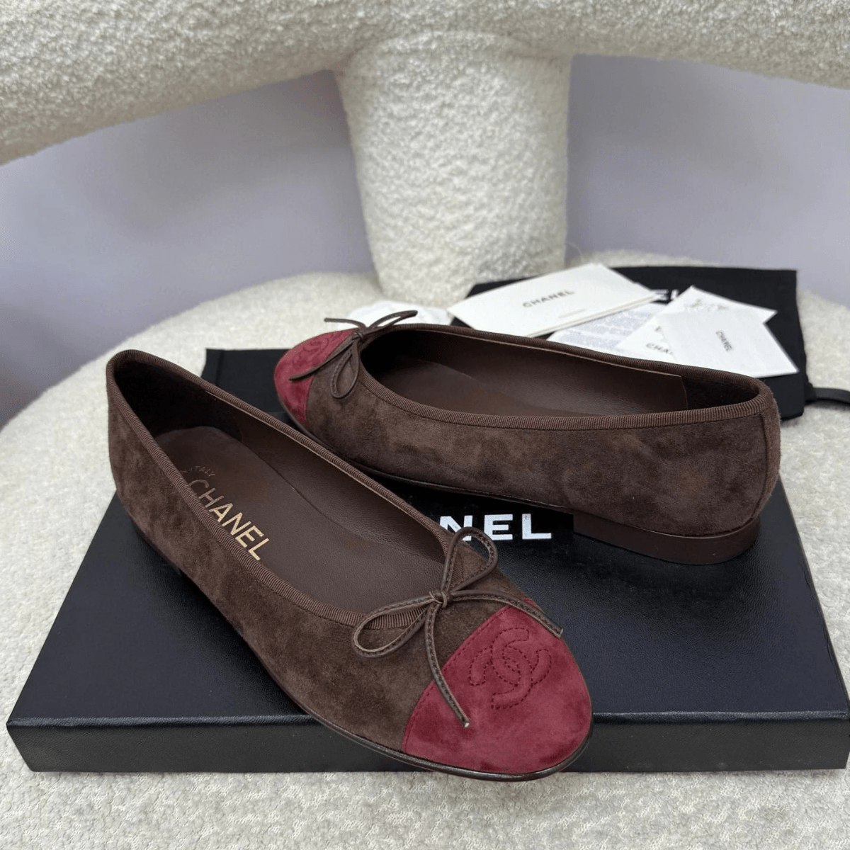 Chanel 25A Ballet Flats Dark Red Chocolate Suede