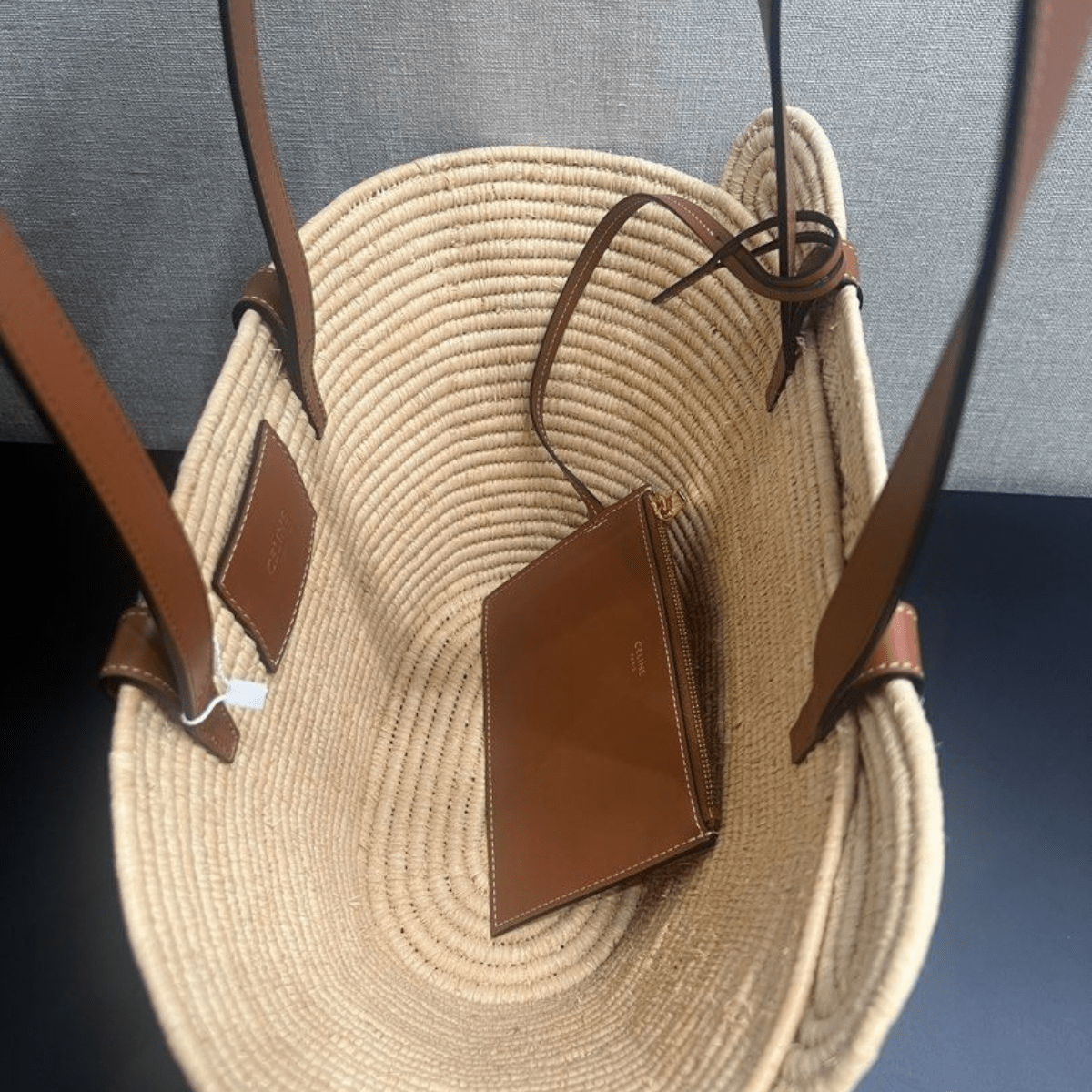 Celine Classic Small Basket with Woven Triomphe in Raffia and Calfskin