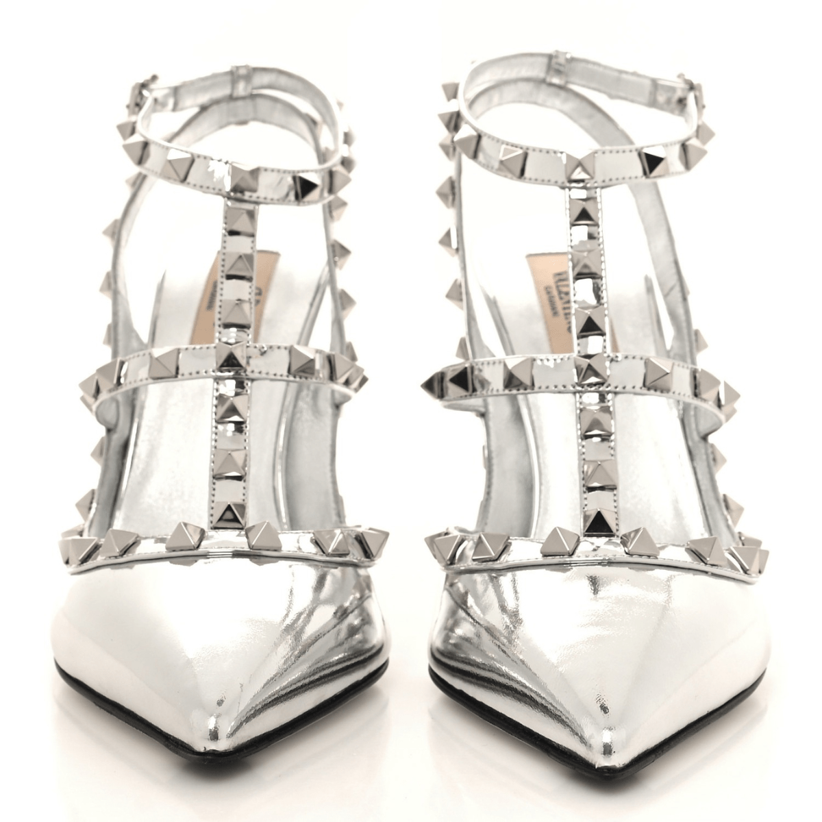 Valentino Garavani Rockstud Ankle Strap Pumps 100mm Silver Metallic Patent
