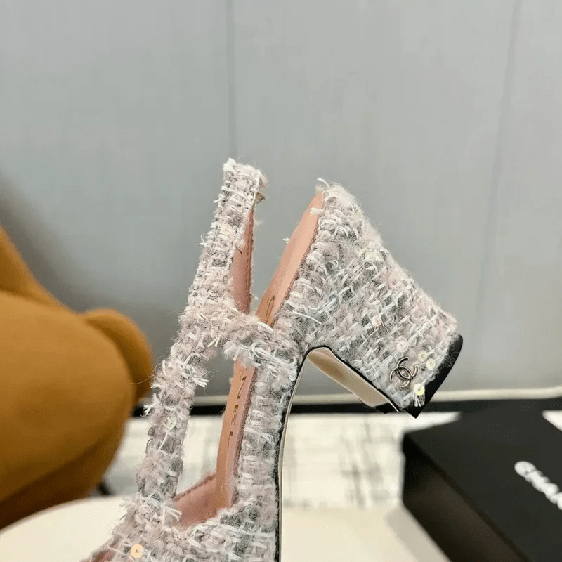 Chanel Slingback Tweed Pink/White with Black Cap Toe