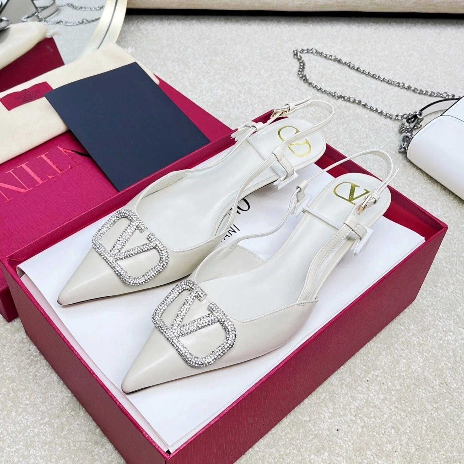 Valentino Garavani VLogo Signature Diamond Slingback in White Calfskin