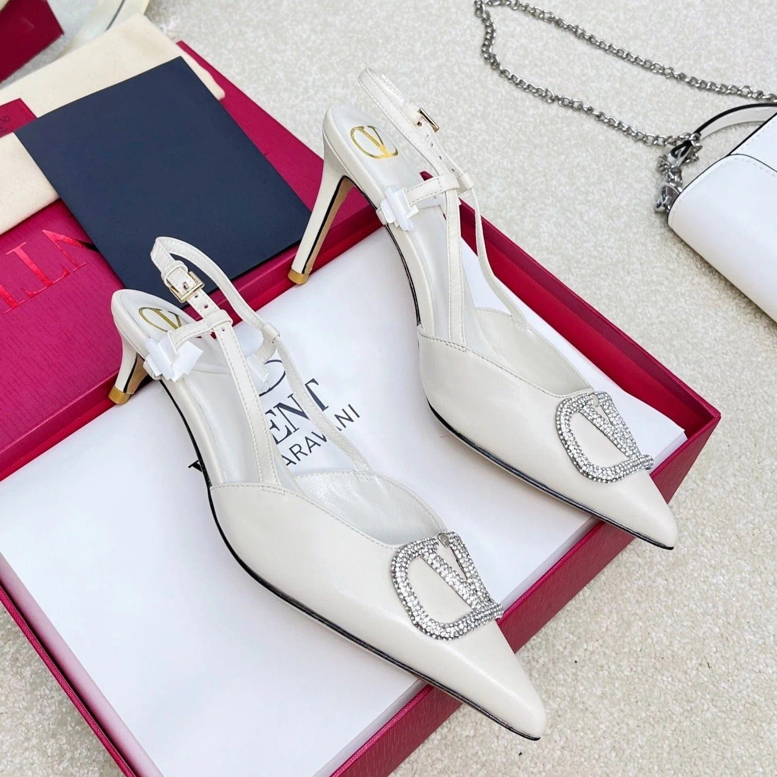 Valentino Garavani VLogo Signature Diamond Slingback in White Calfskin